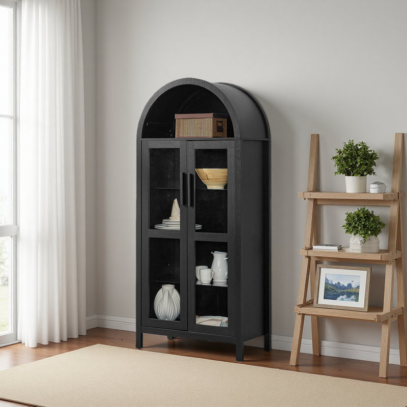 Une armoire de rangement arquée haute avec une lampe, une armoire de rangement en bois de style rétro moderne avec des cloisons en verre réglables, peut être utilisée comme armoire multifonctionnelle dans les cuisines