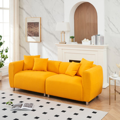 89 Inch 3 Seater Solid Wood Frame With Metal Legs, 4 Pillows, Yellow Velvet And Cotton Linen For Apartment Reception Area 89" Living Room Home, Frame, Soft Back