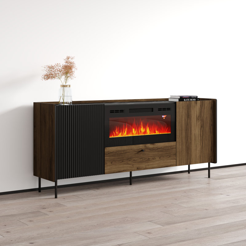 70.9" Sideboard with Electric Fireplace, Matte Finish, Walnut/Black