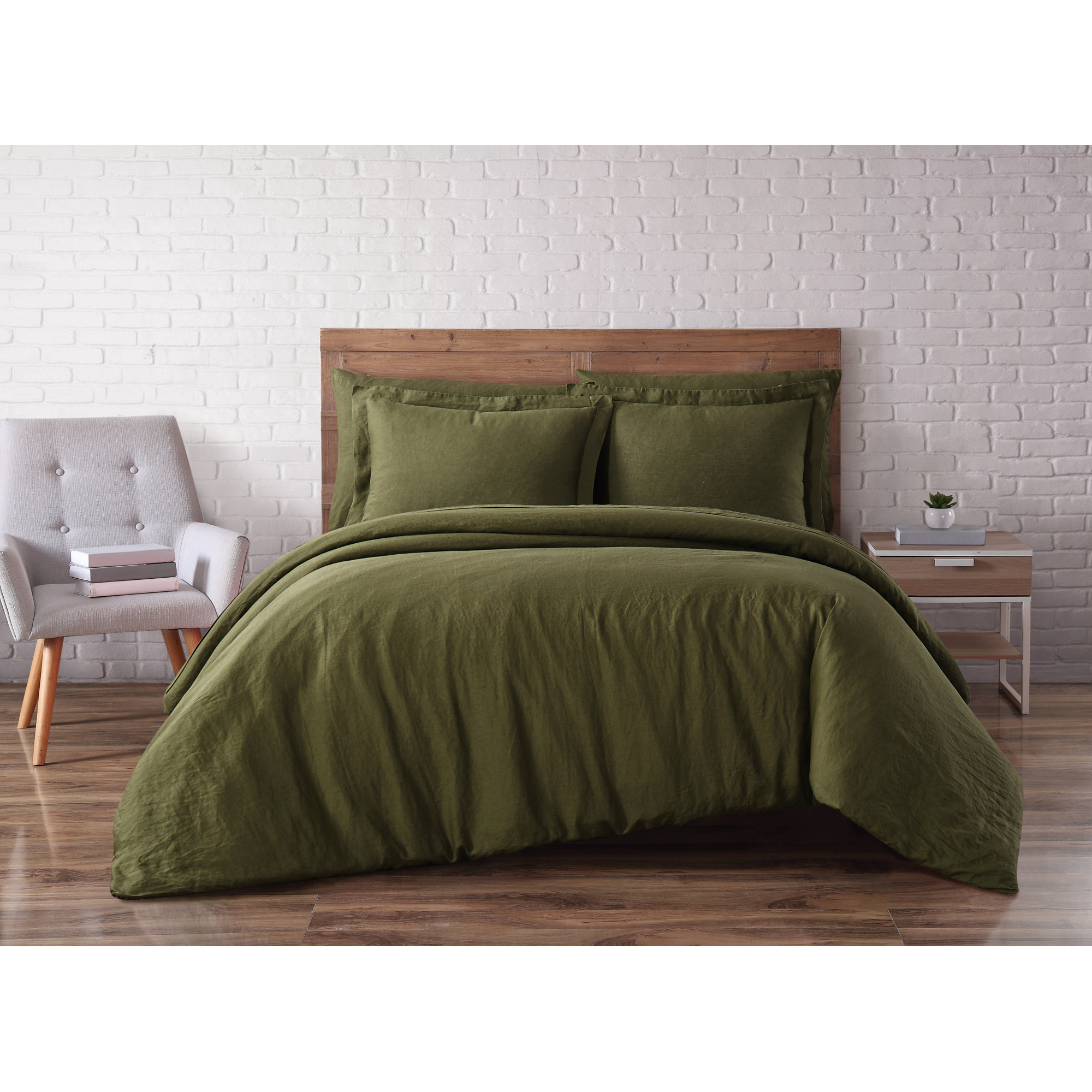 Nena 100% Linen Percale Duvet Cover Set, King Duvet Cover + 2 King Shams, Olive Green