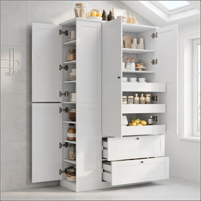 Tall Farmhouse Kitchen Pantry Cabinet with 8 Shelves, 2 Drawers, 3 Pull-Out Trays, and Side Cabinets for Organized Storage