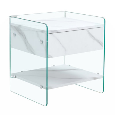 Table de chevet avec tiroirs avec plateau en panneau de fibres à densité moyenne et côtés en verre trempé transparent