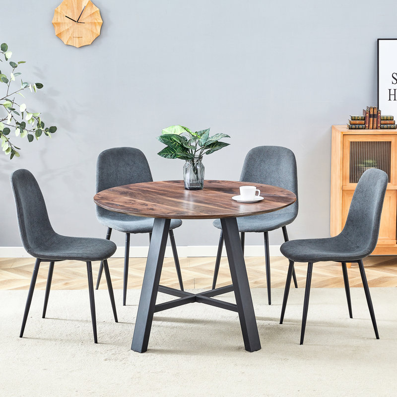 Table de salle à manger ronde texturée en noyer foncé de 42 pouces avec 4 chaises en lin gris, pieds de pulvérisation en fer, support multi-usages en tissu de coton noir