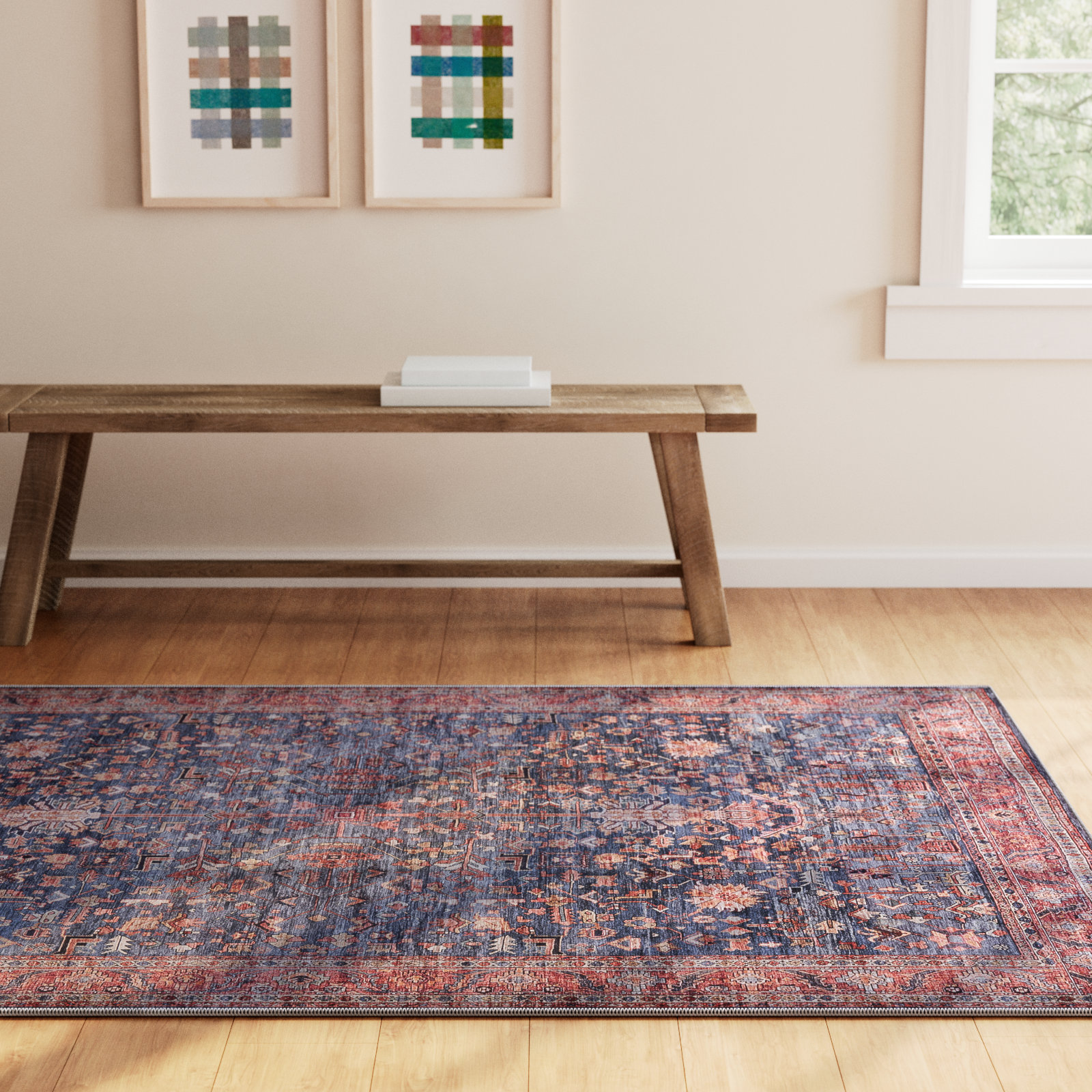 Lotte Navy Brick Washable Oriental Rug, Rectangle 5'3" x 7'3"