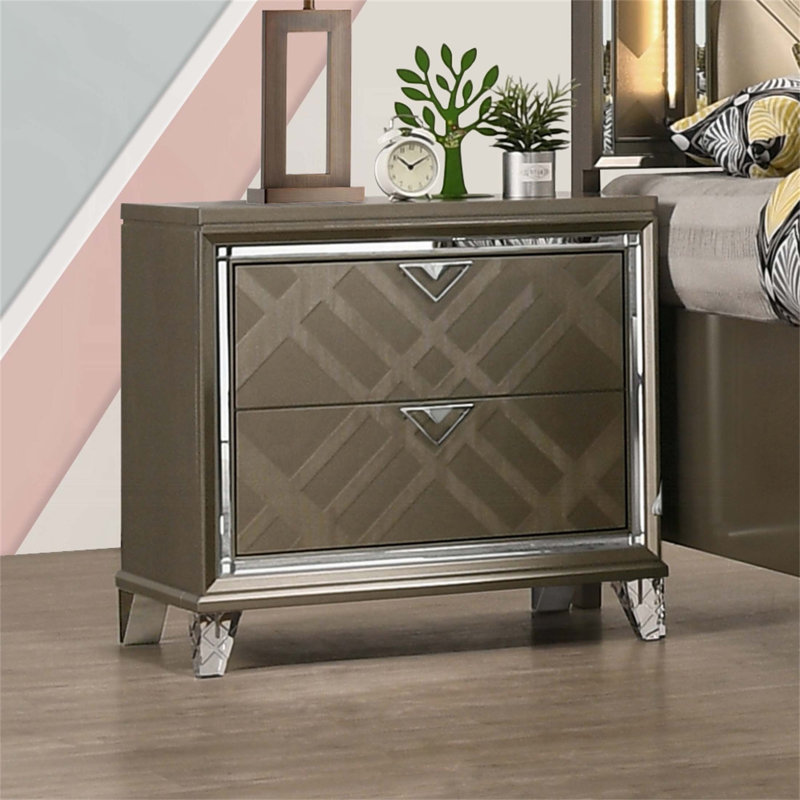 Modern Glam Nightstand with 2 Drawers, Dark Champagne Finish, and Acrylic Legs for Elegant Bedroom Storage