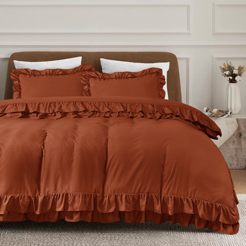 DUVET FRILL Microfiber Solid Colour Duvet Cover with Pillowcases, Orange, Super King Duvet Cover + 2 Standard Pillowcases