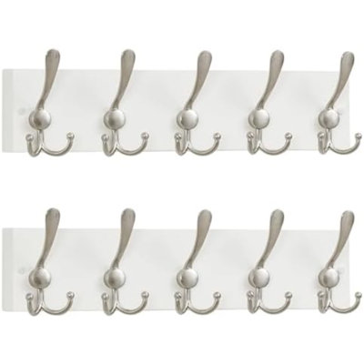 Creations White Solid Wood Wall Mounted Coat Rack, 5 Hooks, 16-7/8" Long - Kitchen, Mudroom, Entryway, Bathroom - Includes Mounting Hardware, Wall Coat Hanger, Towel Rack, Pack of 2