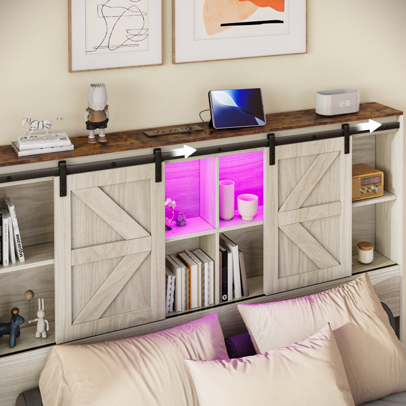 Millwood Pines Farmhouse Bed Frame With Bookcase Headboard, Power Outlets & LED Lights, White+Brown