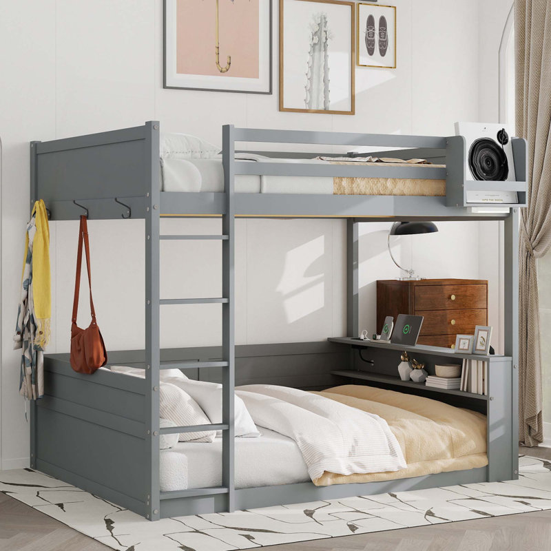 Grand lit superposé en bois avec tablettes intégrées, boîte de rangement, lumière DEL et station de charge USB, Gris