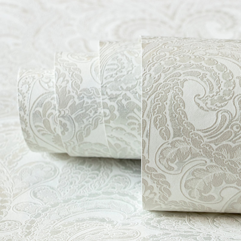 StrattfordAres 3D Embossed Metallic Damask 10m x 53cm Wallpaper Roll, Antique White