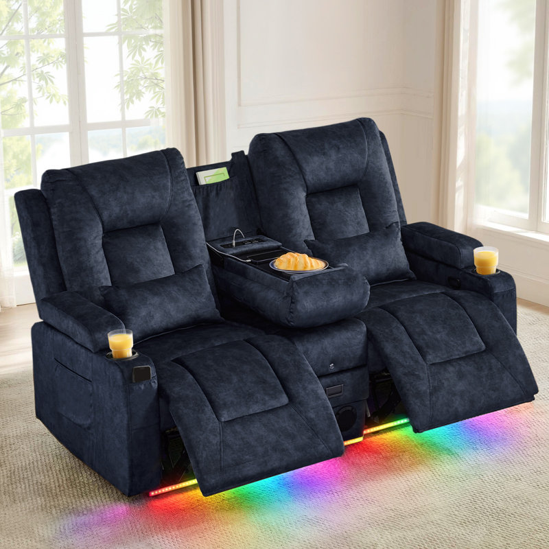 Causeuse inclinable manuelle avec console rabattable, ports de charge, haut-parleurs Bluetooth et lumières DEL, Bleu