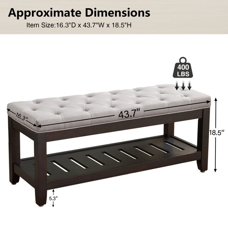 44" Wide Tufted Rectangle Cocktail Ottoman With Storage Tray, Gray Linen