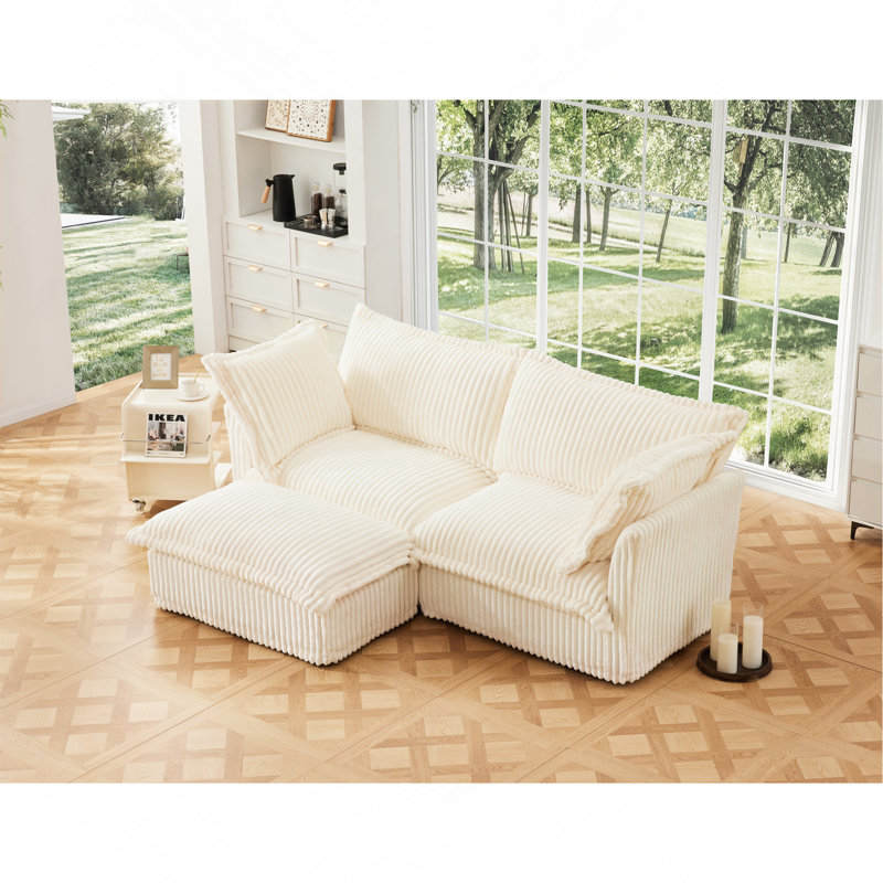 Canapé modulaire 2 places à housse avec repose-pieds convertible, Crème, H 34,6 po x l 83,4 po x P 55 po