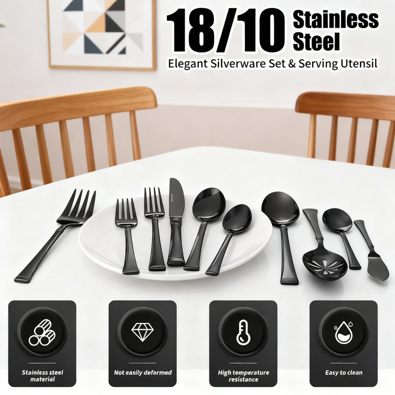 Ensemble de couverts 45 pièces noirs avec ustensiles de service, ensemble de couverts en acier inoxydable 18/10 pour un usage quotidien, miroir poli et lavable au lave-vaisselle