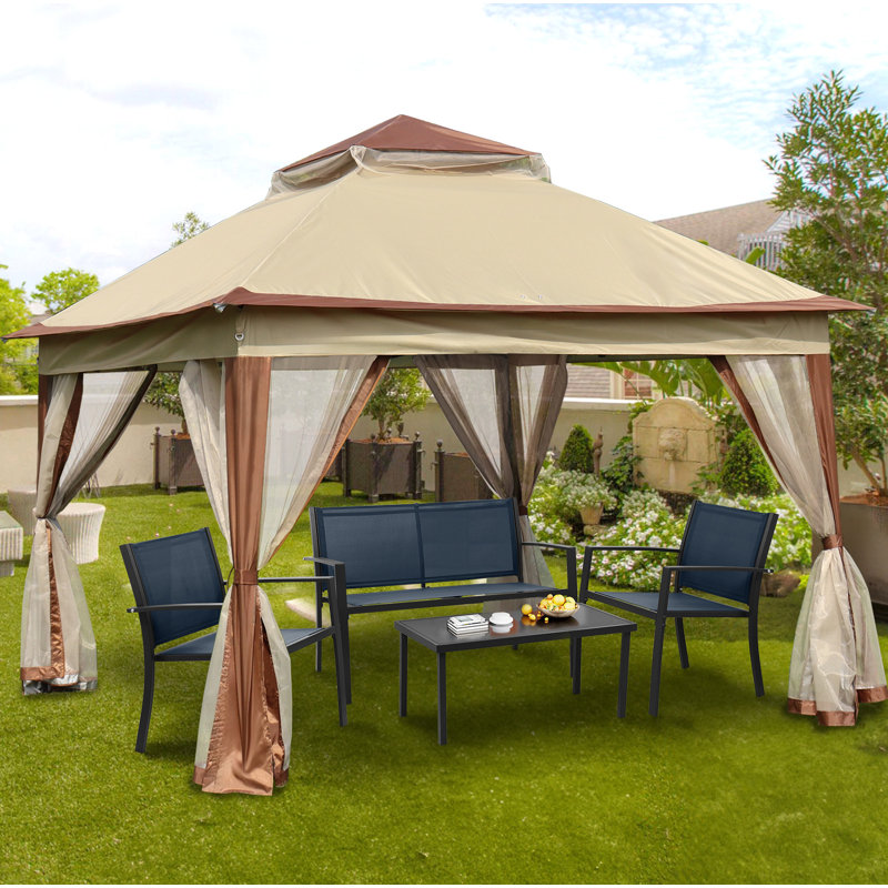 11X 11 Ft Double Roof Pop-Up Gazebo Canopy With Removable Zipper Netting, Khaki