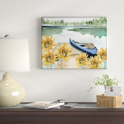«Row bateau on a Calm Lake with Sunflowers», reproduction de peinture à l'aquarelle