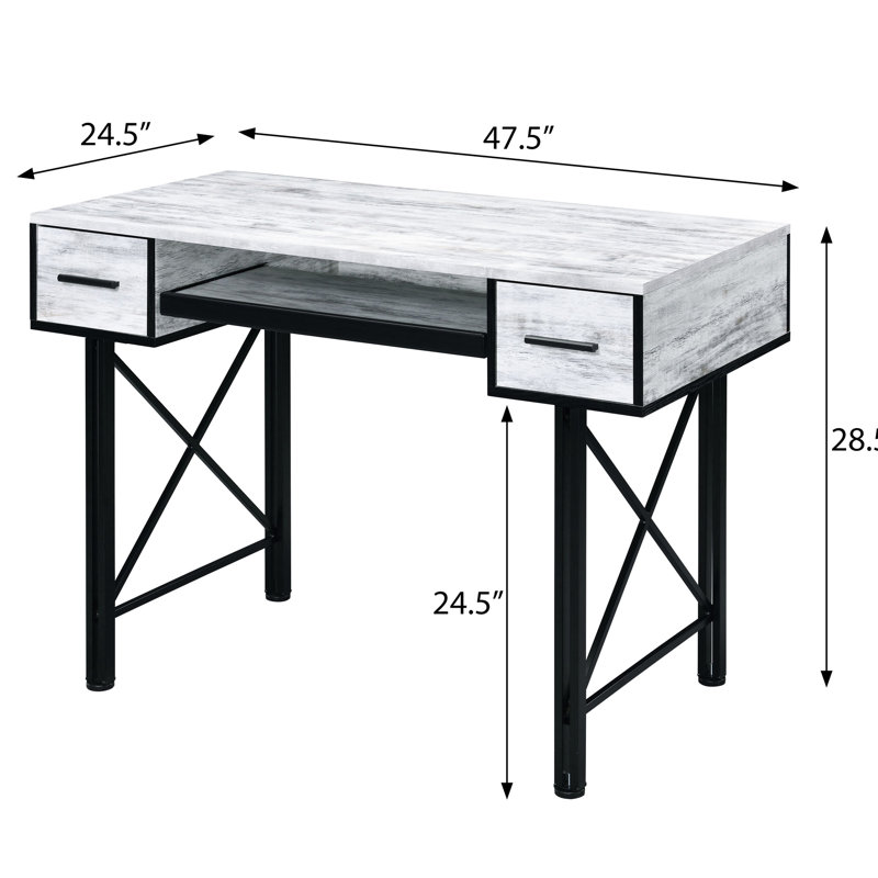 Bureau rectangulaire de style industriel avec plateau à clavier et rangement en blanc antique + tiroirs d'ordinateur noirs de style industriel, gris