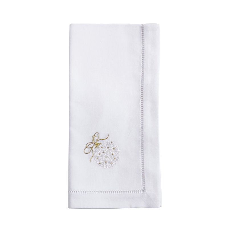 White Cotton Embroidered Christmas Ornament Napkins, Set of 6