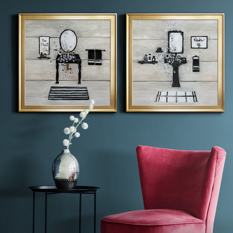 Neat and Tidy Bath - Ensemble de 2 peintures sur toile encadrées, H 17,5 po x l 35 po x P 1,5 po, Or