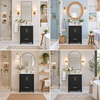 Meuble-lavabo autoportant simple de 24 po avec lavabo en céramique Lumina, noir, contreplaqué de bois franc, portes à fermeture en douceur et rangement réglable intérieur