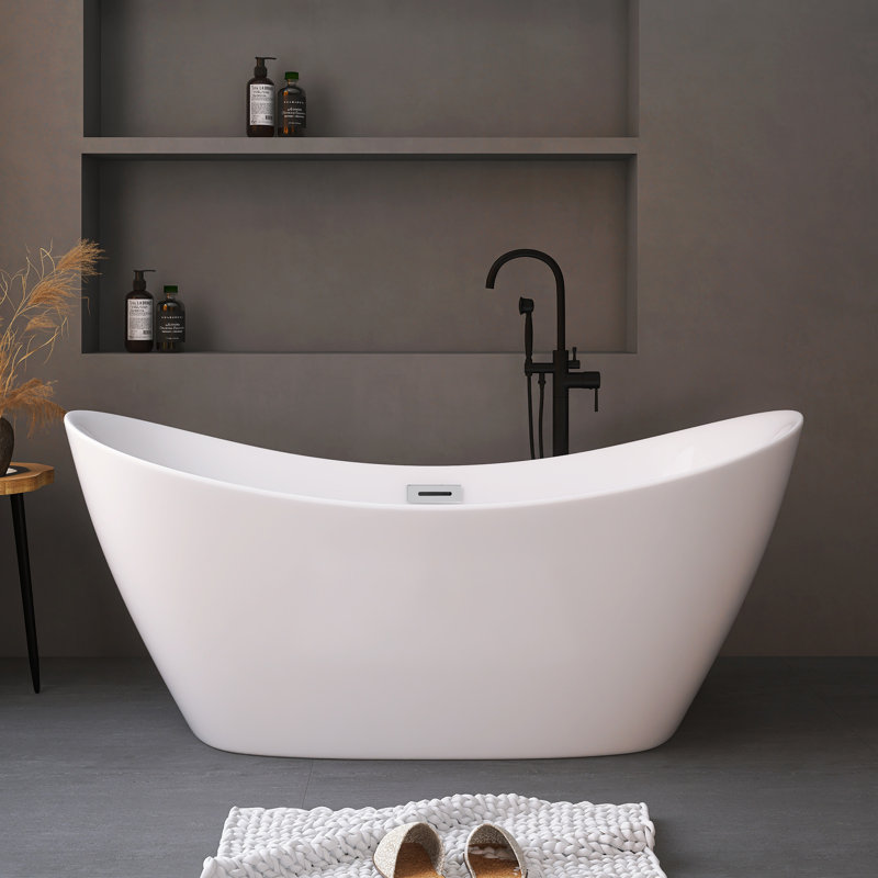 67" Freestanding Soaking Acrylic Double Slipper Bathtub With Center Drain