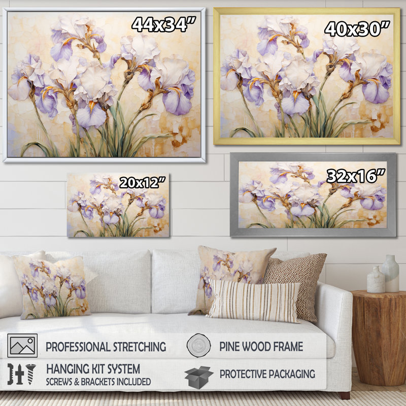Beige minimalisme iris pétales radieux III, Cadre doré simple, H 30 po x l 40 po x P 1,5 po