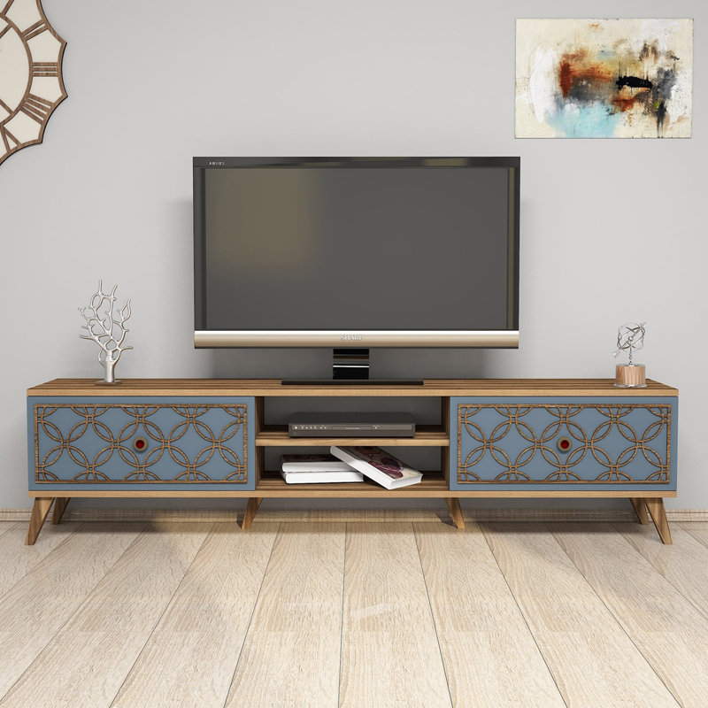 Modern TV Stand with Wall-Mount Option, Walnut & Chalcedony, 70.9 x 17.3 x 13.8 inches | 100% Melamine Coated Particle Board, Thickness: 0.7 inches | Multiple Shelves, Stylish Geometric Design, Durable Plastic Legs