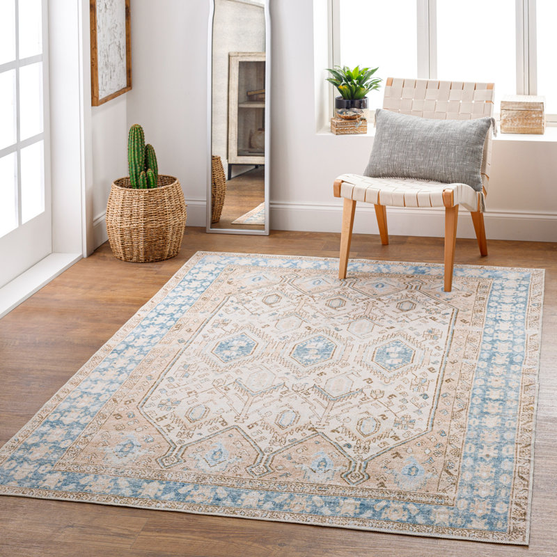 Tapis oriental bleu / blé / crème Jivika, Rectangle 7 pi 6 po x 9 pi 6 po