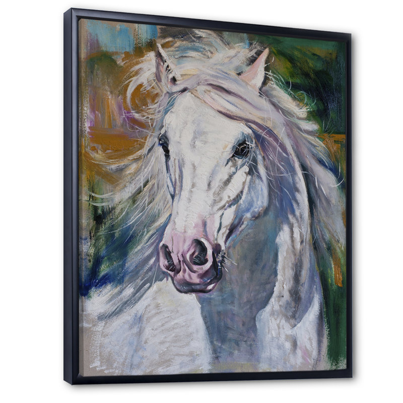 Magnifique cheval blanc - peinture, H 12 po x l 8 po x P 1 po, Cadre flottant noir