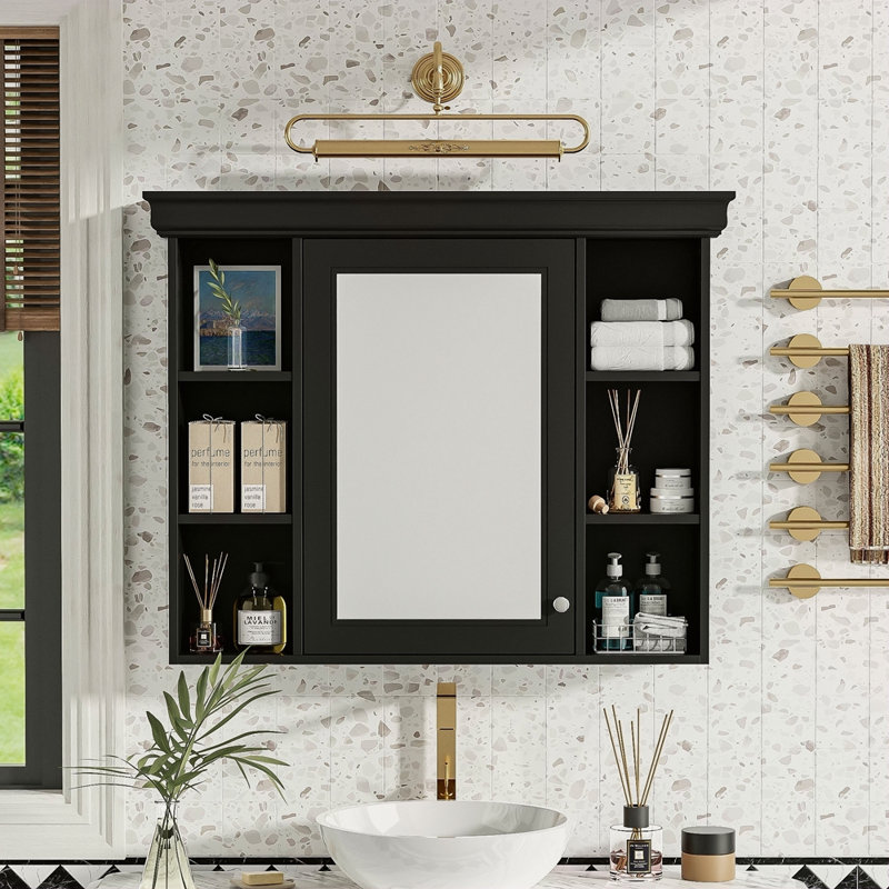 Armoire de rangement murale 35 po x 28 po avec porte miroir, armoire de salle de bain moderne avec miroir, armoire à pharmacie avec 6 tablettes ouvertes