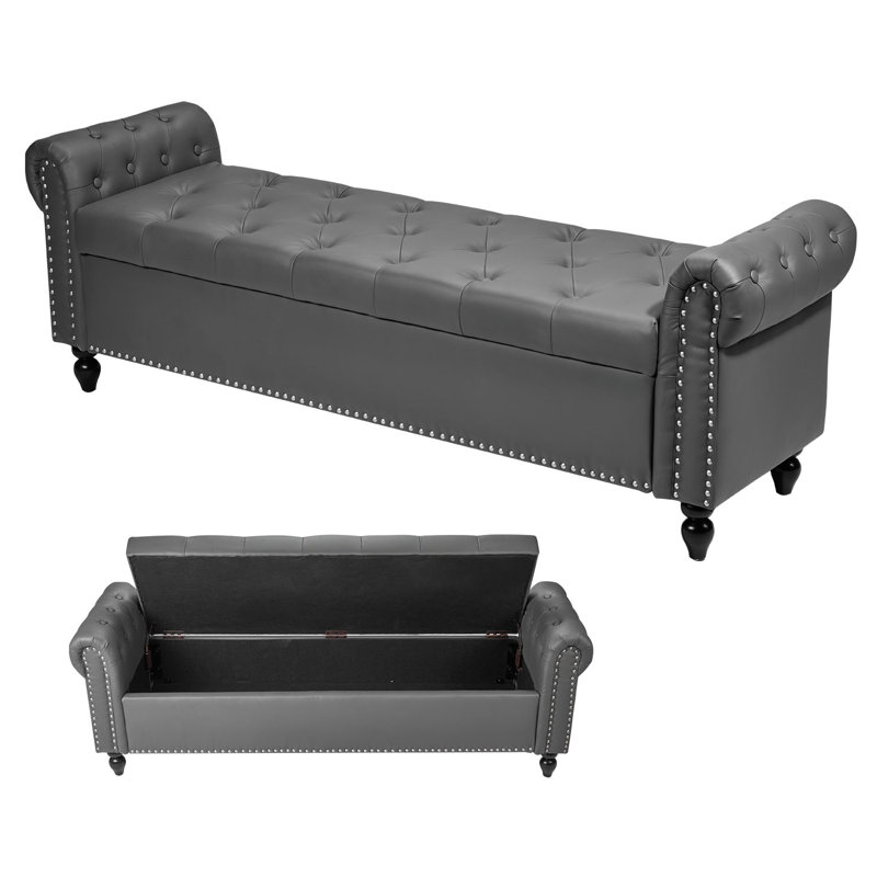 Button-Tufted Storage Ottoman Bench Rolled Arm PU Leather Wood Legs , Gray