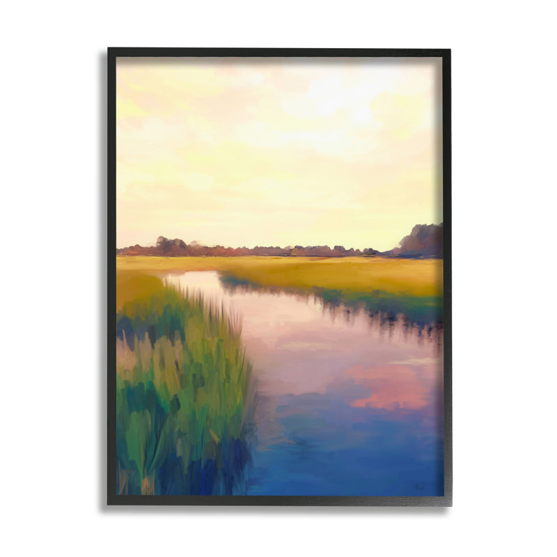 Lever de soleil sur une rivière de campagne par Amy Hall, peinture, H 30 po x l 24 po x P 1,5 po, Giclée encadrée noir minuit