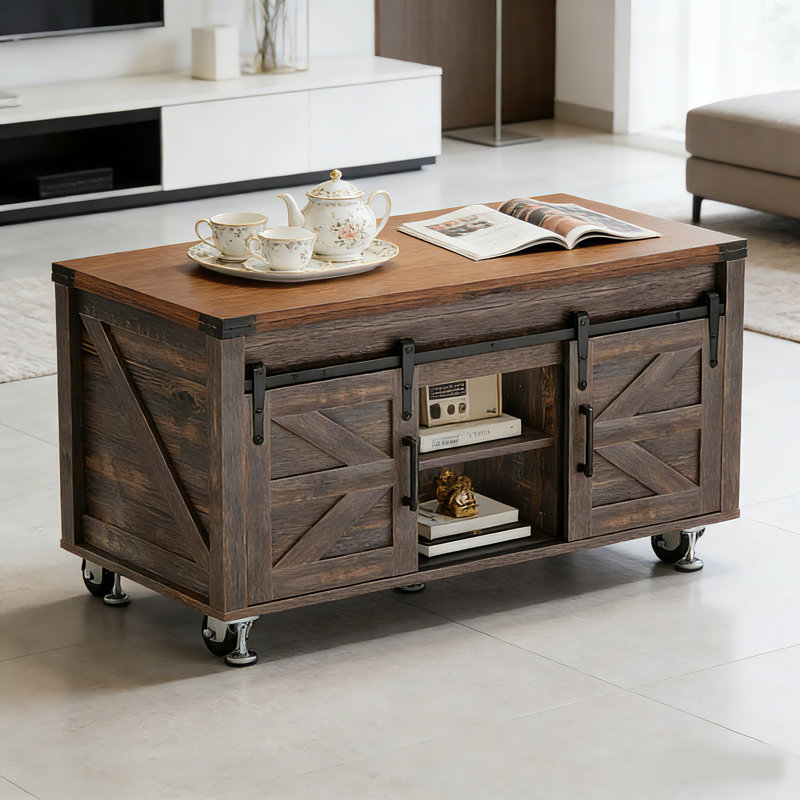 Table basse rustique à plateau relevable avec roulettes et rangement caché