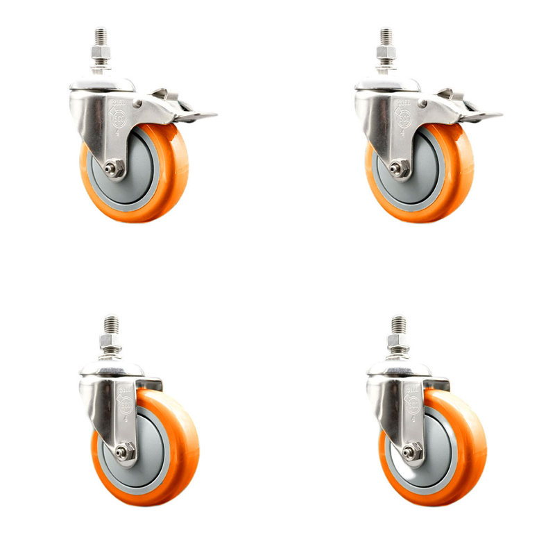 Ensemble de roulettes à tige filetée 4 pouces en polyuréthane orange de 4 pouces ½ pouce à 2 verrous SCC