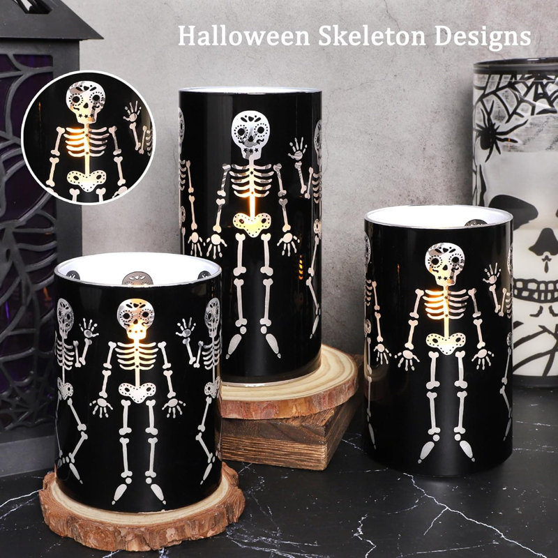 Glass Flameless Candles - Set of 3, Black with Funny Skeleton, Battery-Operated with Remote, Gothic Spooky LED Pillar, for Halloween/Haunted House/Classroom Decor