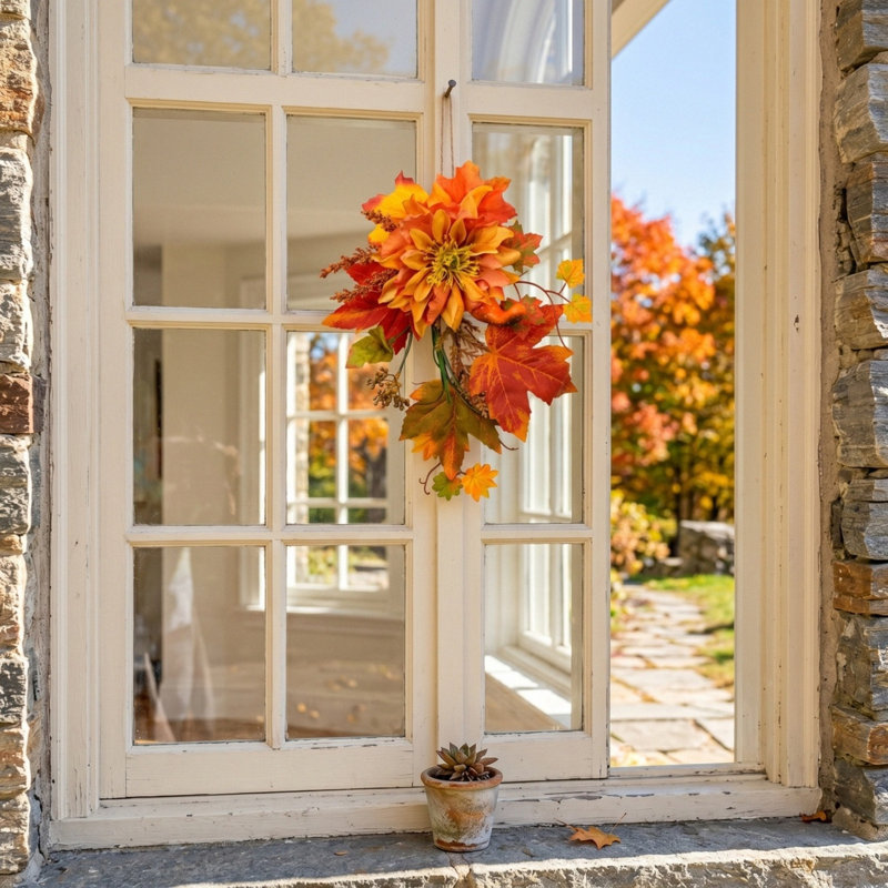 Ensemble de 2 guirlandes de porte d'automne artificielles avec feuilles d'érable, dahlia et citrouilles, décoration murale de l'Action de grâce