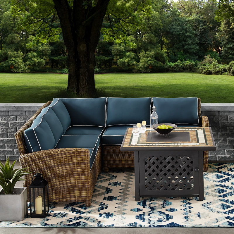 Ensemble de conversation modulaire en rotin 5 pièces avec coussins Regina, Velours bleu marine