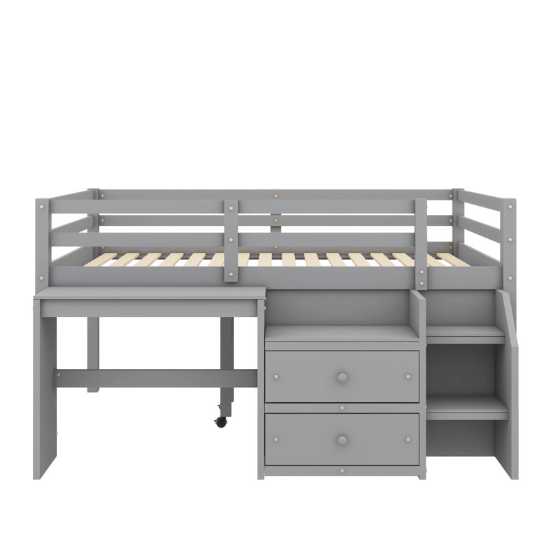 Lit mezzanine avec bureau et tiroirs Jianah, Double, gris