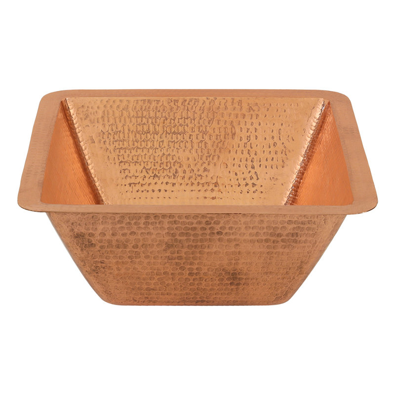 15" Square Hammered Bar/Prep Sink w/ 2" Drain Opening, Polished Copper