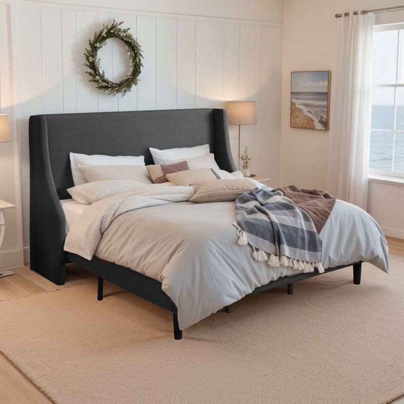 Bowdoin Modern Linen Upholstered Wingback Platform Bed with Wooden Slats, King, Dark Gray