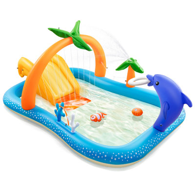 Kiddie Pool with Slide Inflatable Play Center Wading Lounge Kids Pool, Coconut Palm Sprinkler, Water Game Play Center, 95''x75''x40''