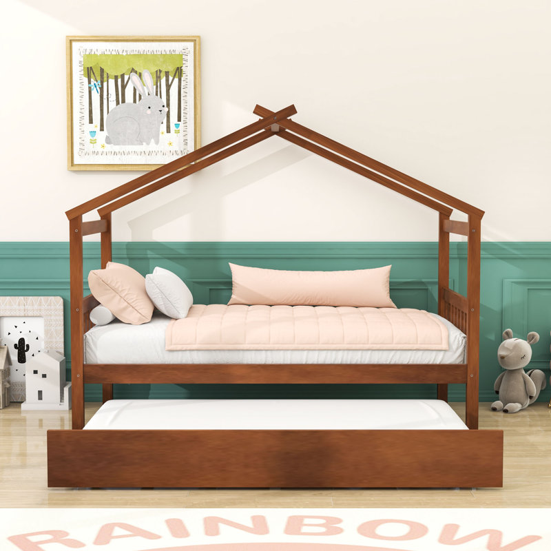 Lit en bois en forme de maison avec lit gigogne escamotable et tête de lit, Simple, Noyer