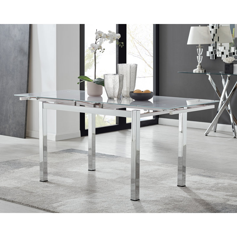 Tierra Modern Glass & Metal Extendable Dining Table Set & 4 Luxury Fabric Dining Chairs