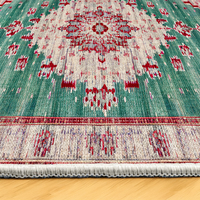 Otto Green Oriental Machine Printed Cotton Polyester Area Rug, Runner 4' x 14'10"
