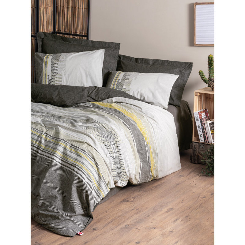 Luxury Ranforce Super King Quilt Cover Set, 102 x 87, 100% Cotton, 145 Thread Count | Includes 2 Pillowcases (19.7 x 31.5) | Machine Washable, Elegant Mink, Dark Grey & Yellow Design, Button Closure