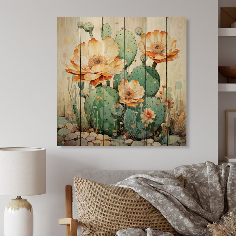 «Kamuri Coral Green Cactus Desert Blooms Pointillism I», impression sur bois naturel, H 35 po x l 35 po x P 0,78 po