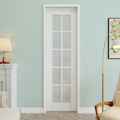 24" x 80" 10-Lite Frosted Glass Interior Prehung Door with Silver Hinges, Privacy Glass Door Slab, Paintable & Waterproof, Suit for Laundry, Closet Doors, Room Doors, Left Hand