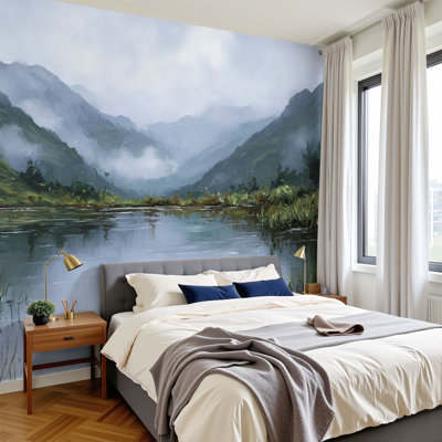 Peel and Stick Wallpaper Serene Pond Ducks Mountain Landscape Nature Inspired Two Wall Murals 100"H x 144"W Removable PVC Wall Paper Self-Adhesive Wall Decor for Bedroom Living Room Home Office