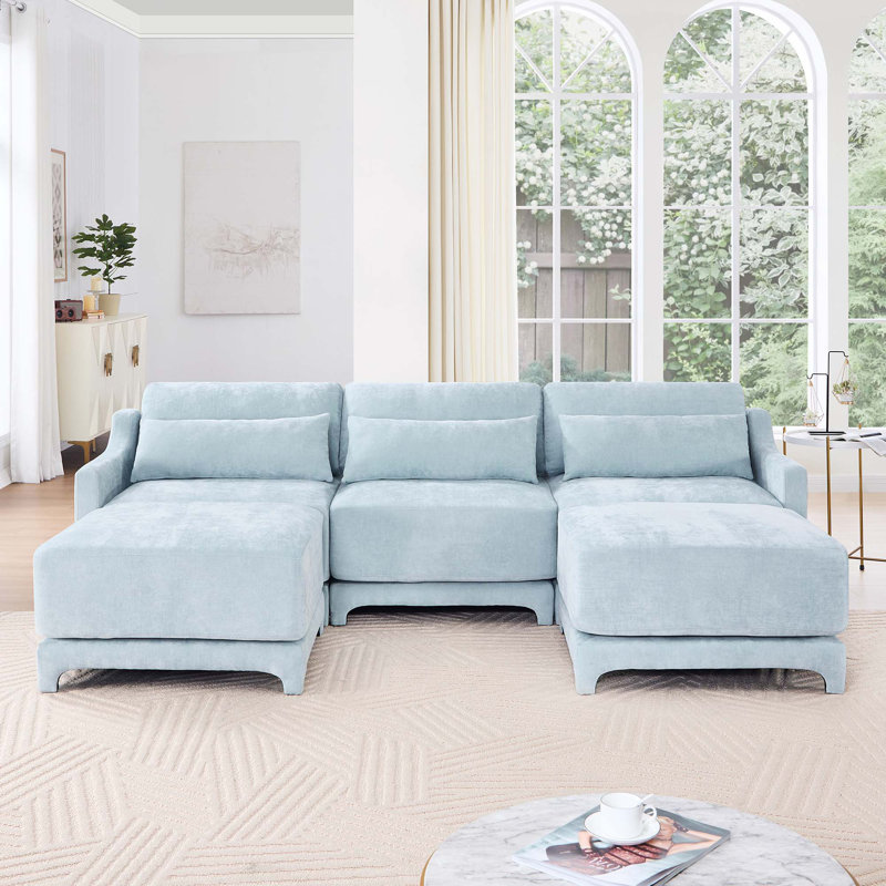 Canapé modulaire en chenille en U avec 2 repose-pieds et coussins lombaires Jedidiah, Chenille bleu ciel