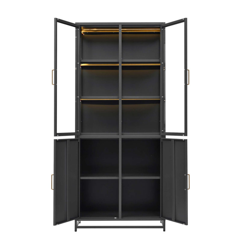 76.75'' Tall Display Cabinet With Glass Doors And LED Lights, Steel Curio Cabinet With 3-Sided Glass For Home And Office Decor